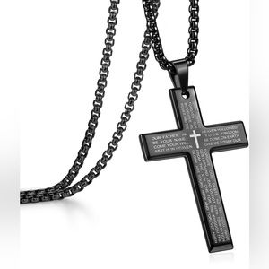 SALE - Men's Cross Necklace with Lord's Prayer, Stainless Steel Black